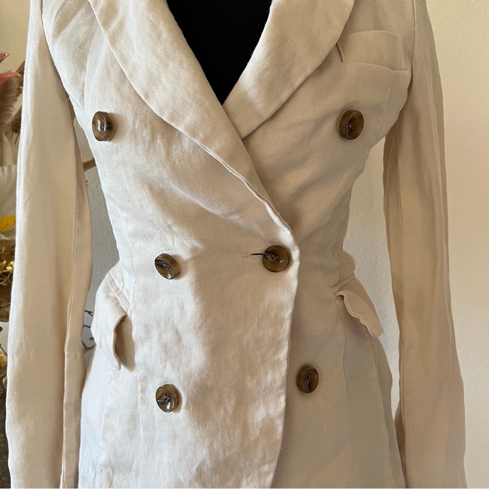 Cat’s y2k Chic Cream Linen Double-Breasted Blazer w Pockets & Brown Buttons - Picture 2 of 10